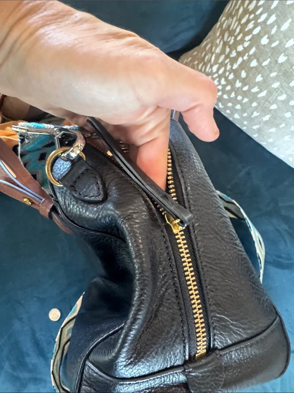 Black Leather Satchel with Detachable Patterned Strap